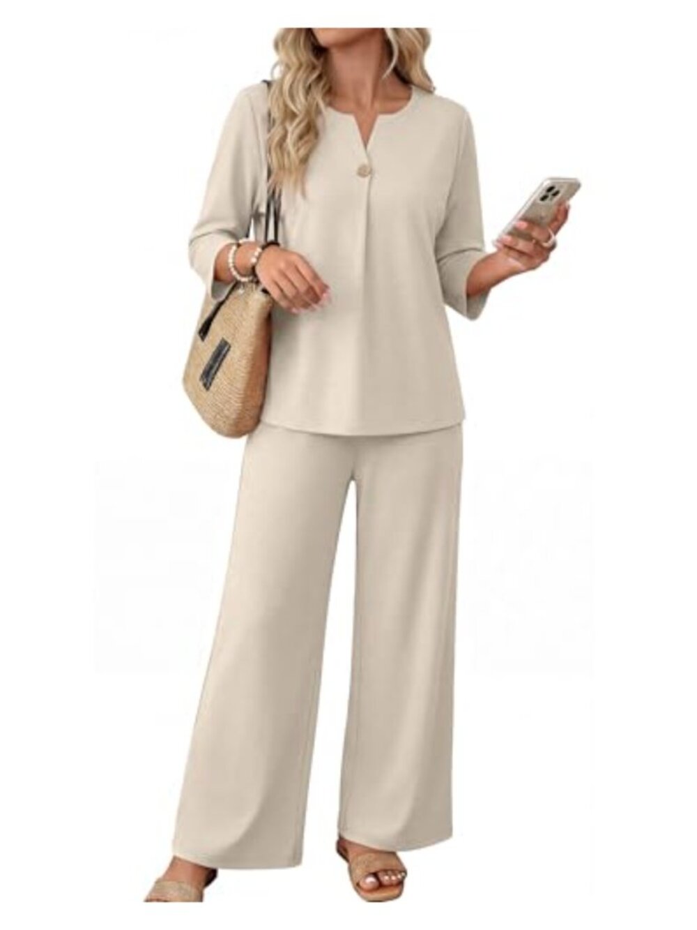 WIHOLL Two Piece Lounge Set 3/4 Sleeve Wide Leg Pants Travel Office Casual